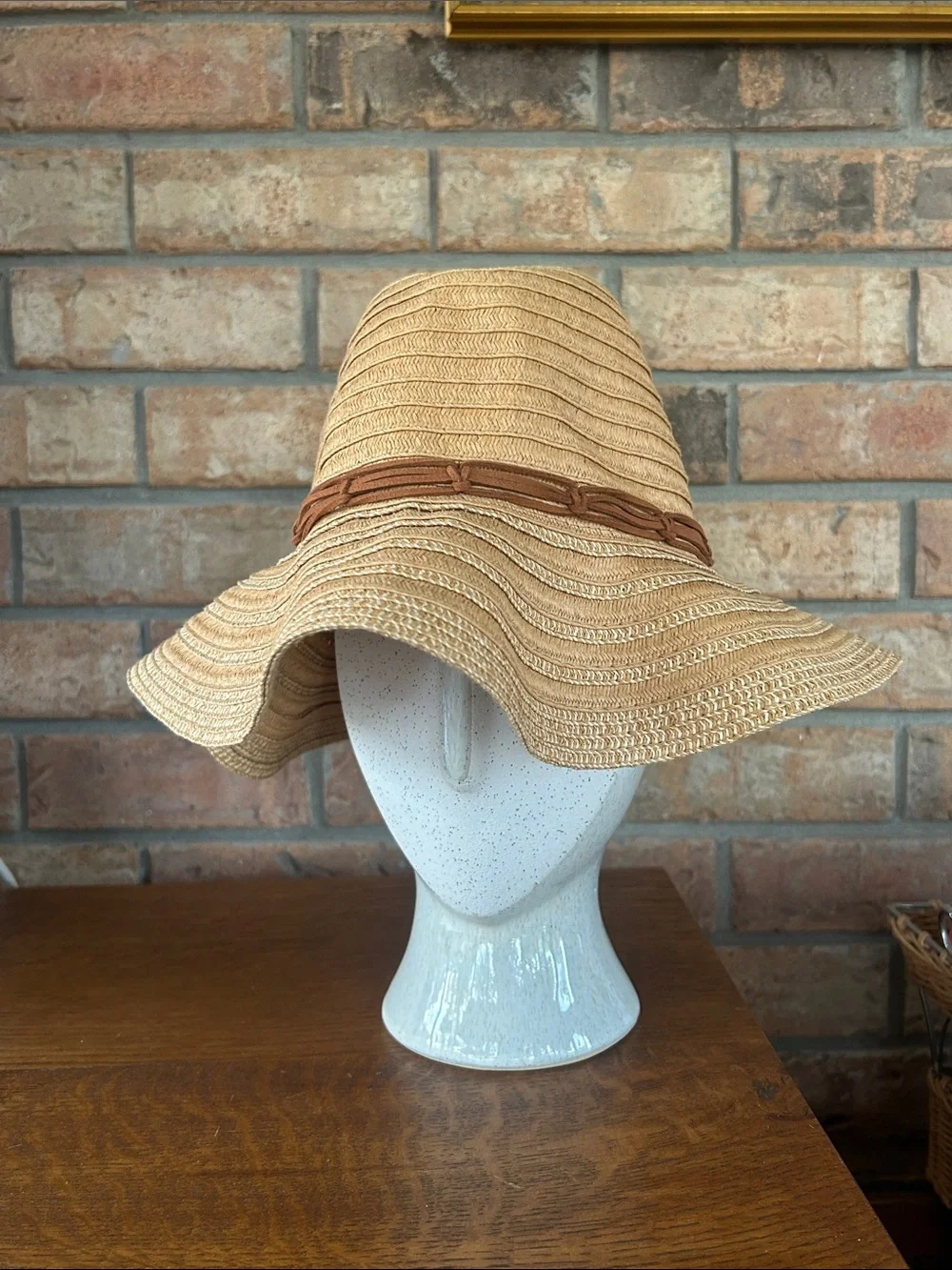 Steve Madden Tan Straw Floppy Sun Hat with Brown Braided Band